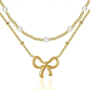 18K Gold Plated Satellite Pearl & Bow Pendant Necklace for Women, Adjustable Layered Choker Chain Jewelry, Mini Gold Pearl Necklace Gift