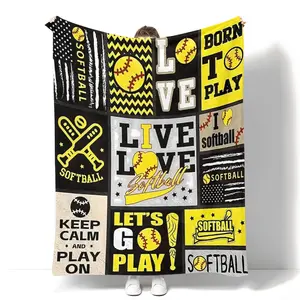 Baseball & Letter Pattern Flannel Blanket, Slogan Print Blanket, Soft Throw Blanket, Air-conditioned Room Blanket, Warm Nap Blanket for Home Office Travel Camping