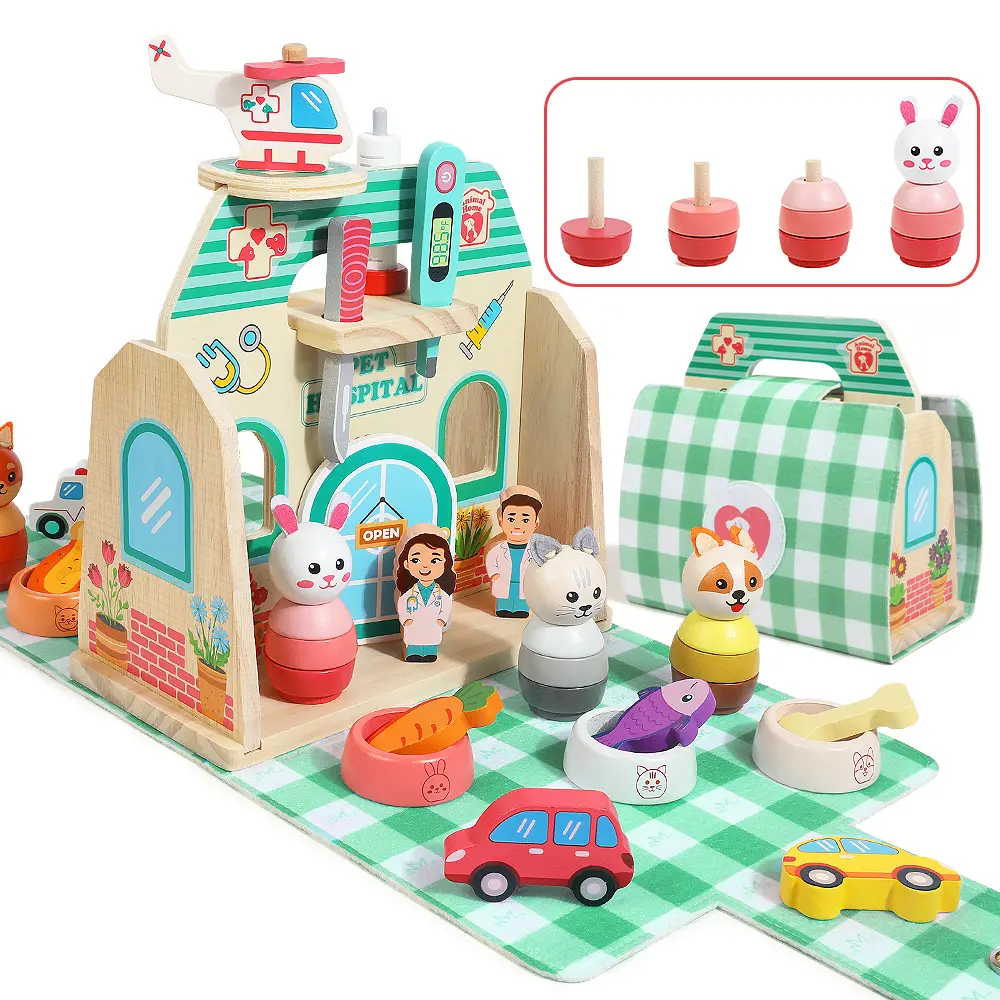 Edutree Wooden Pet Hospital Playset, Doctor and Animal Care Toy Set, Educational Animal Doctor Role-Playing Toy, Develop Fine Motor Skills & Creativity, Perfect for Boys and Girls, Great Gift for Birthdays & Holidays, Mother's Day
