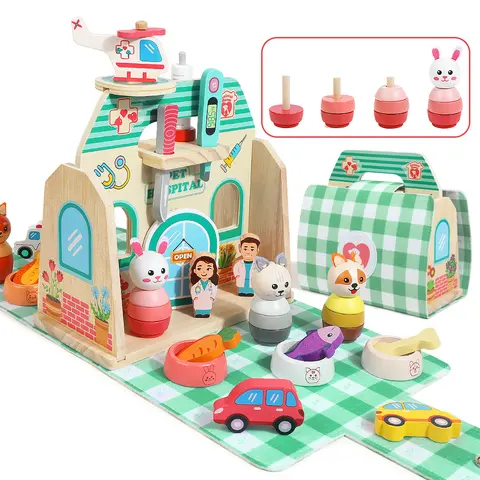 Edutree Wooden Unisex Pet Hospital Playset - Kids Toys, Portable & Compact Toddler Pretend Play Toy with Food Bowls, Doctor Occupations Roleplay, Empathy, Fine Motor Skills, Creativity & Problem-Solving Builder, Holidays/Birthday Gift