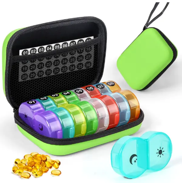 Weekly Pill Organizer Box 2 Times a Day AM PM with 8 Daily Pocket Cases Travel Pill Box Portable Hard Case for Healthcare Aid Pink