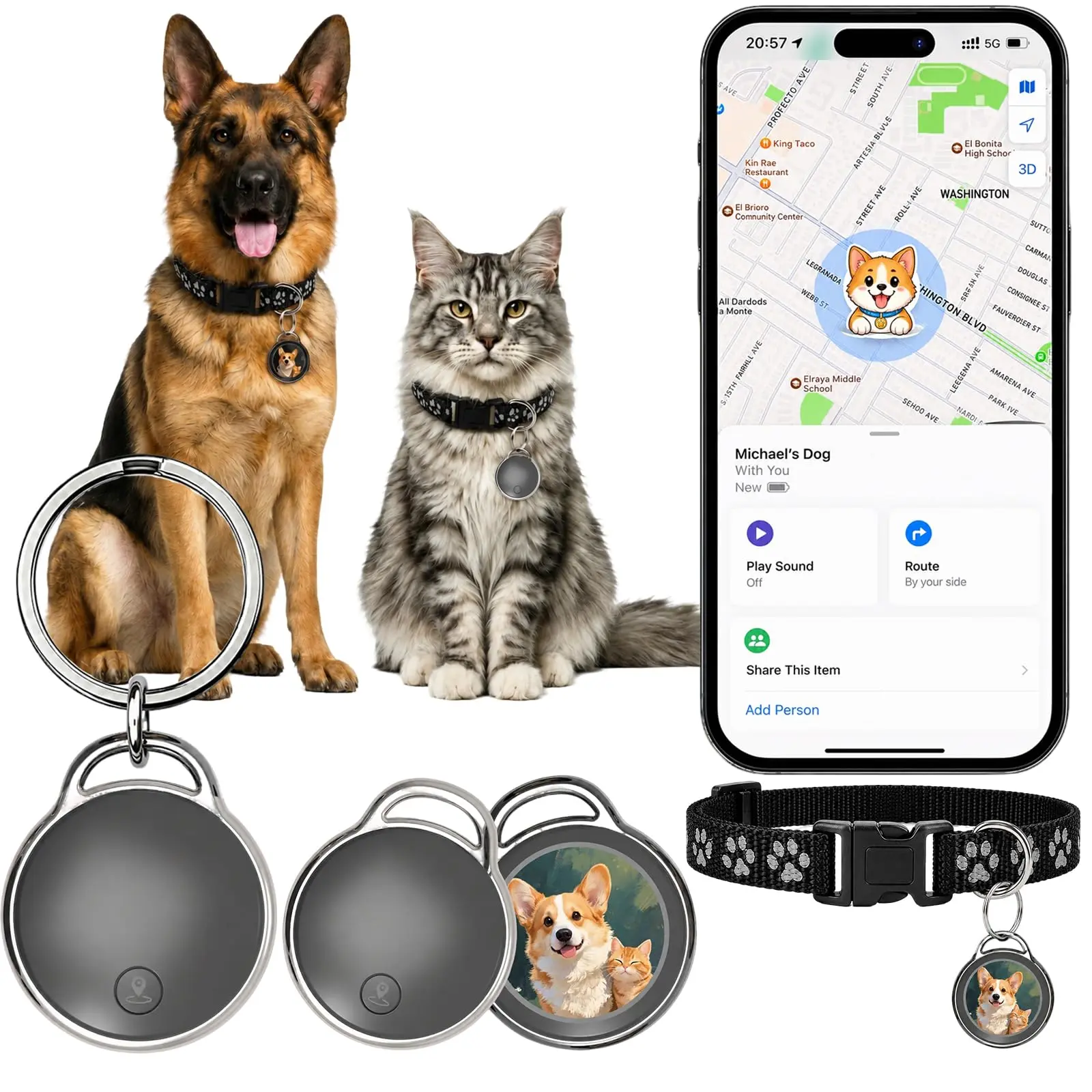 Dog GPS Tracker—Ultra-Slim Design, Pet Activity Tracker with Adjustable Collar—360-Degree Reflective Strips, No Monthly Fees/No SIM Card Required (Compatible with iOS “Find My” Feature), Anti-Loss Device, Suitable for Small, Medium, and Large Pets