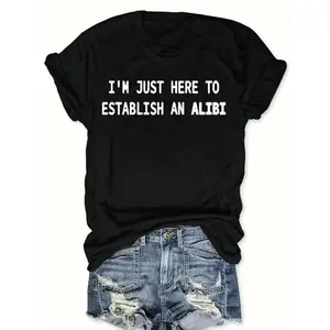 Retro-Inspired Women'S T-Shirt - Casual Short Sleeve Crew Neck with Fun Cartoon Print "I'm Just Here to Establish an Alibi" - Soft & Breathable Black Tee for Spring/Summer, Perfect for Casual Outfits