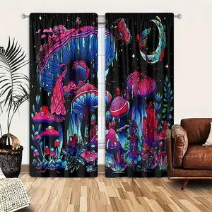 2pcs, Polyester Material, HD Digital Printing Mushroom Pattern Print, Light Filtering Window Curtain, Suitable for Bedroom, Living Room, Office and Home Decoration, Pole Pocket Design, Suitable for Pole