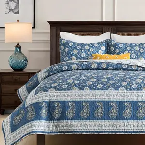 Floral Set Queen Size, Farmhouse Cottage Bedding Set, Blue Vintage Paisley Coverlets, Soft Microfiber Lightweight Reversible Bedspreads for All Season, 3 Pieces