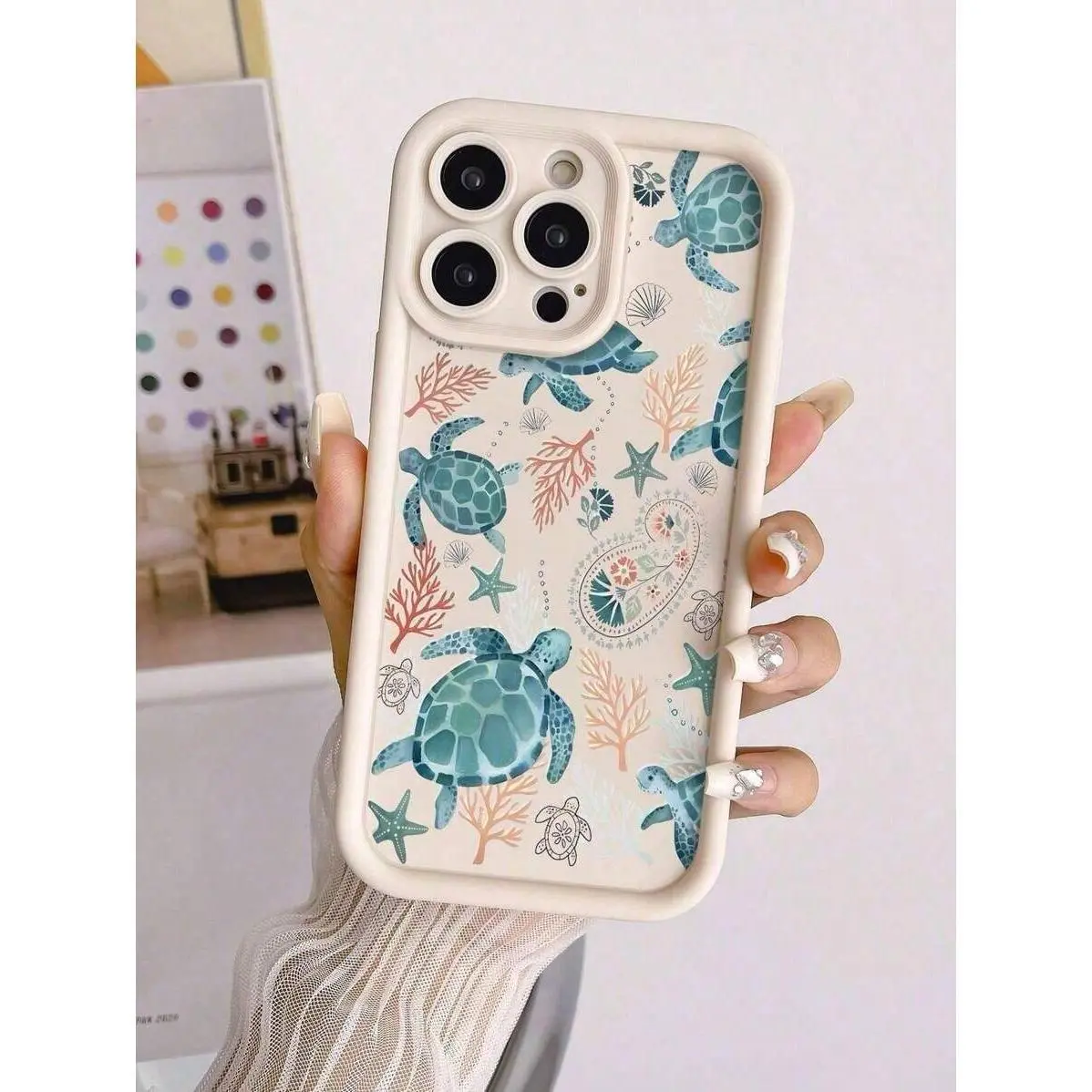 iphone Sea Turtle Painting Concave Beige Painted Soft Protective Phone Case Suitable For IPhone17/IPhone17 Air/IPhone17 Pro/IPhone17 Pro Max/16 Pro Max, Fashion Cute Thick Cover Waterproof Shockproof