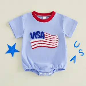 Independence Day Romper for Infant Boy Girl 4th of July Short Sleeve America Flag Embroidery Patriotic Jumpsuit 0-18 Months