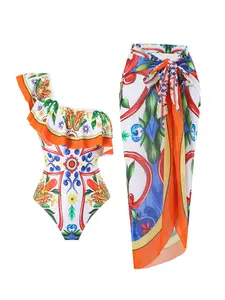 Women's All Over Print One-piece Swimsuit & Swimsuit Coverup Skirt Set, Casual Fashion Swimwear Set for Beach Holiday Vacation, Ladies Swimsuit for All Seasons