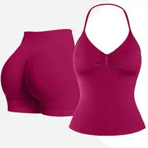 HALO Two-Piece Suit Impact Longline Strappy Top Impact Shorts Sports Yoga Impact Gymwear Tanks Seamless Shorts