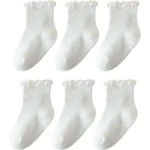 L-SOK009 6 Pairs Toddler Ruffle Socks for Girls - Baby Grip Socks with Non-Slip, Cute Grippy Frilly Design