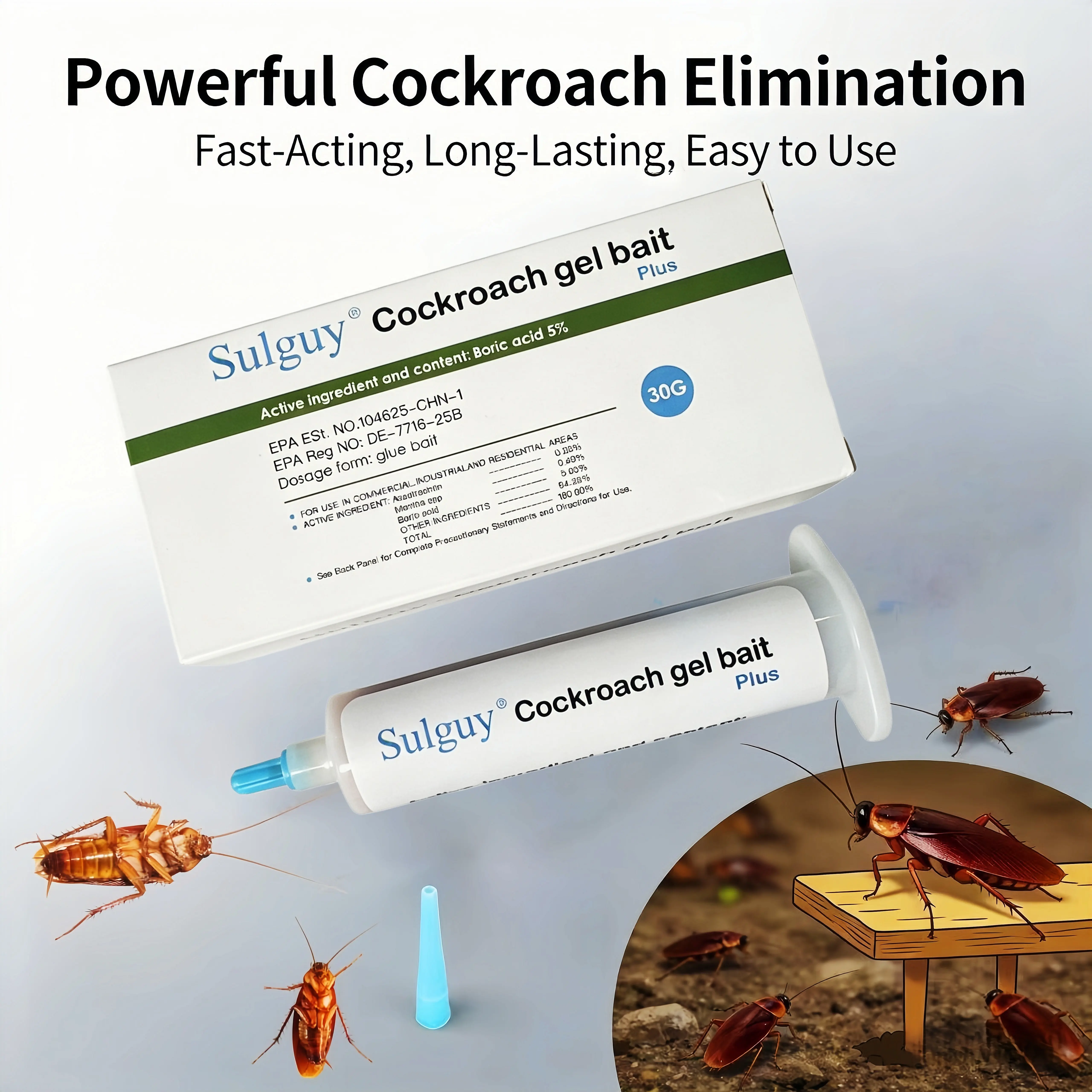Sulguy Cockroach Repellent Gel Bait, 1x30g Tube, 1 Plunger, 1 Tip, Eco-Friendly Home Supplies, 24 Months Effect, Indoor-Outdoor Pest Control for Major Cockroach Species