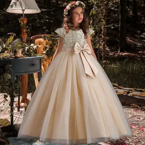 Girls Princess Bridesmaid Dress Kids Long Prom Ball Gowns Children dressing Birthday Party Bow Lace Dresses Christmas Vestidos