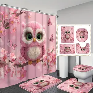1pc/4pc Pink Owl Sakura Design  printed shower curtain, shower curtain set with 12 hooks. The shower curtain set includes a bath mat, U-shaped floor mat, toilet seat cushion, bathroom accessori