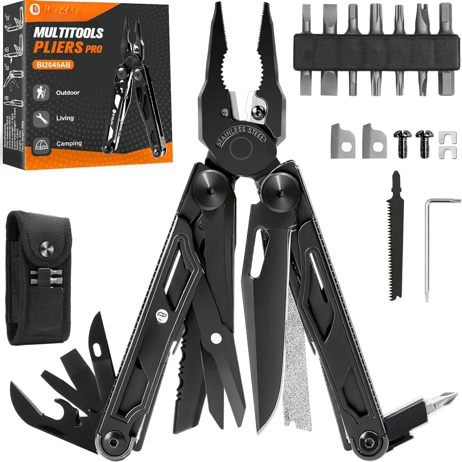 Multitool Pliers Pro BI2045AB, Stainless Steel Foldable Multi Tool with Upgraded  and , Multitools with Replaceable Wire Cutters and , Ideal for Camping,Fishing,