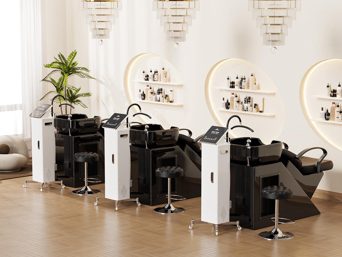 Baasha Professional Shampoo Chair and Bowl Set | Adjustable Hair Wash Station with Neckrest | Memory Foam Soft Cushion Head Spa Chair | Complete Accessories Included | Modern All-Black Design | Shipped in 2 Separate Packages for Safety