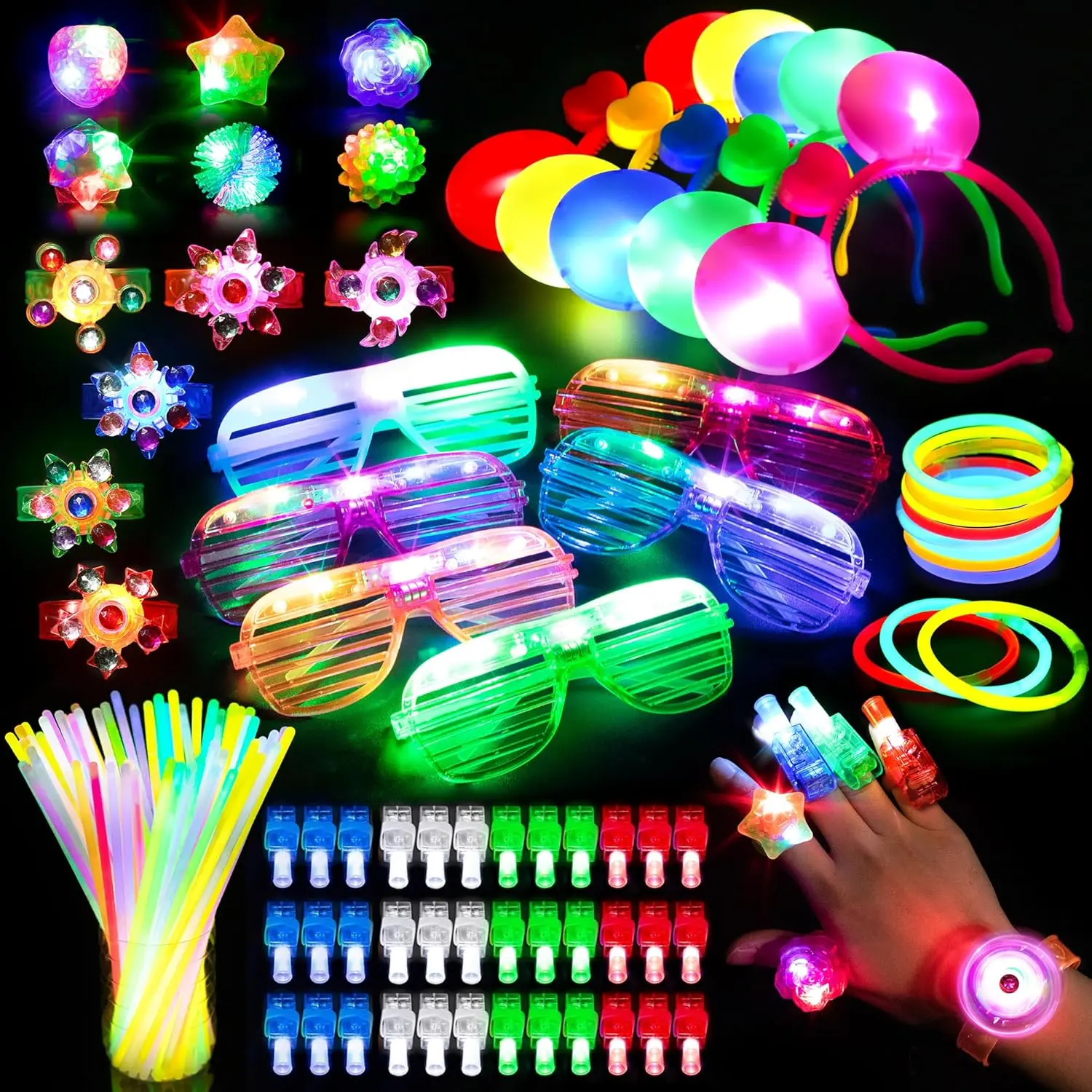 Glow in the Dark Kids' Party Supplies Bulk Pack - Light-Up Favors with Glow Sticks, Glasses, LED Bracelets, Finger Lights, Rings, Headbands, Neon Toys for Birthday, Raves