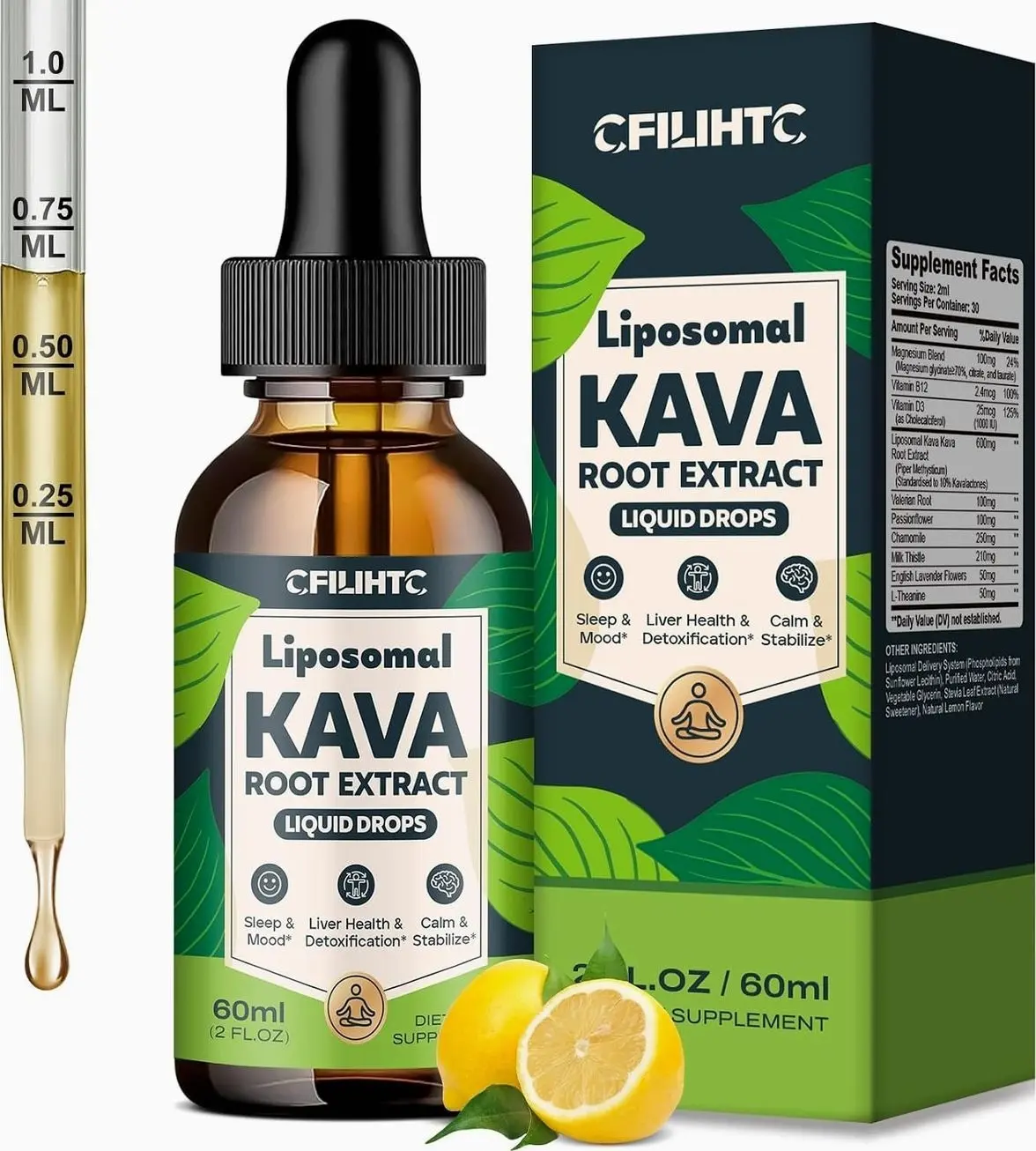 Liposomal Kava Liquid Drops Kava Kava Supplement - Valerian Root for Sleep Stress Relief Kava Root Extract - Calmness & Relaxation with Magnesium, Passionflower, Chamomile, Milk Thistle, L-Theanine​​