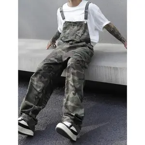 Men'S Fashion Camo Denim Overalls, 100% Cotton, Extra Long Length, All-Season Casual Regular Fit with Pockets, Woven Fabric, 288g/m2 - Versatile Streetwear Menswear Suits Formal Camouflage