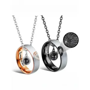 100 Language Couples Necklace Set in Rose, Heart Projection with Love Engraving, Stunning Diamond Accent Gift, Engraved Ring Necklace