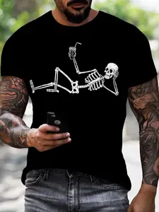 Summer Men's Graphic Skull Skeleton Print Short Sleeve T-Shirt, Fun Dark Streetwear Casual Top, Fitted Long Clothing, All over Print, Daily Wear & Gift