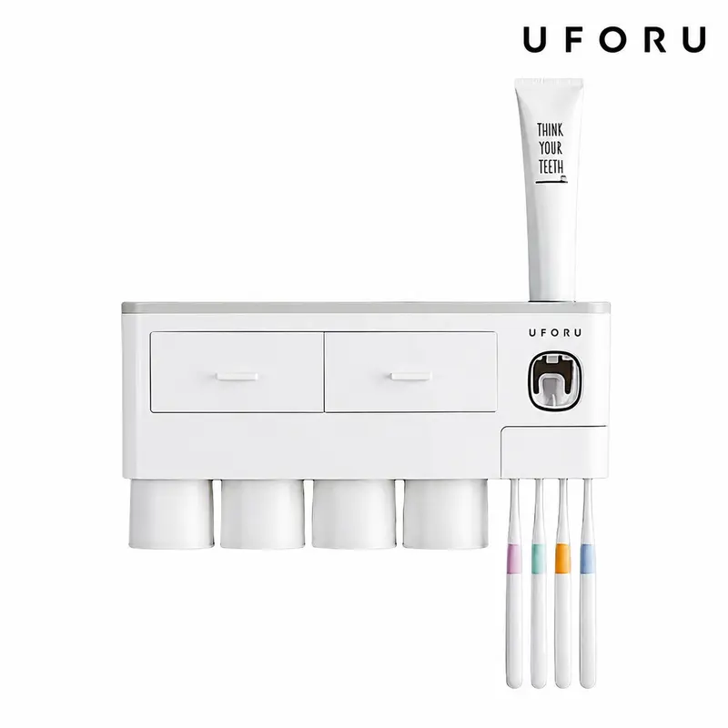 UFORU Plastic Magnetic Wall-Mount Toothbrush Holder - 2-4 Capacity, Removable, Toothpaste Dispenser, Cosmetic Drawers, Large Trays, Accessory Bottle Storage, Multi-Section Bathroom Accessories, Storage Org., Home Essential Gift Idea