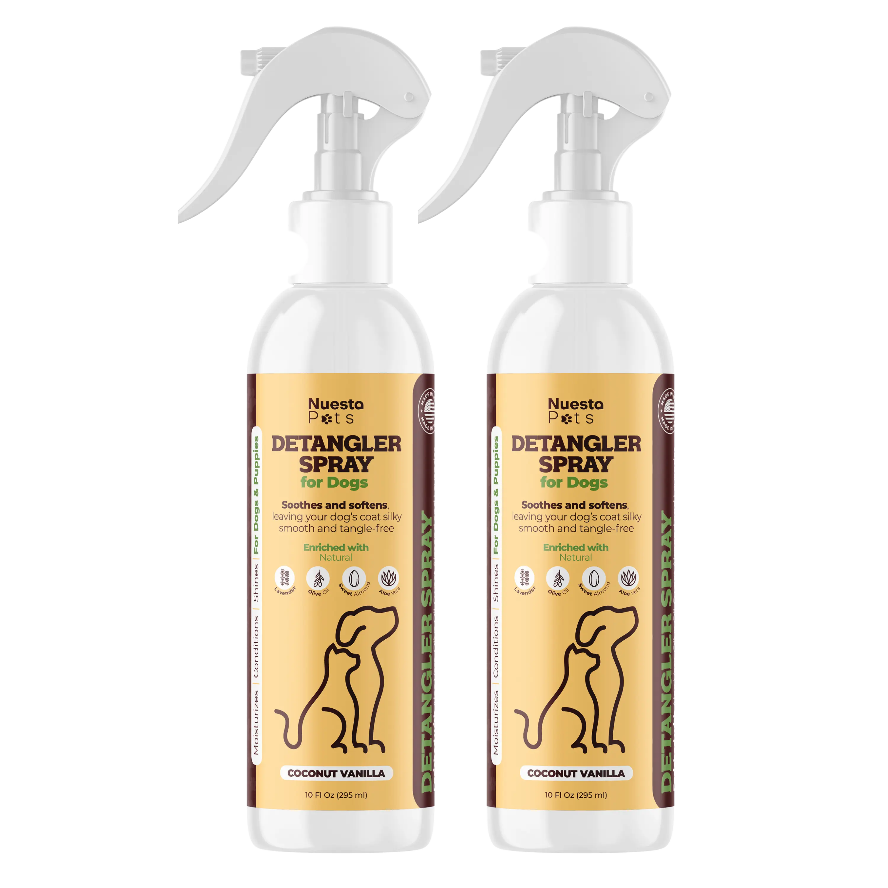 Nuesta Pets Detangler & Conditioning Spray Two Pack - Hypoallergenic Formula with Lavender Olive Oil Sweet Almond & Aloe Vera for Smooth Tangle-Free Coats