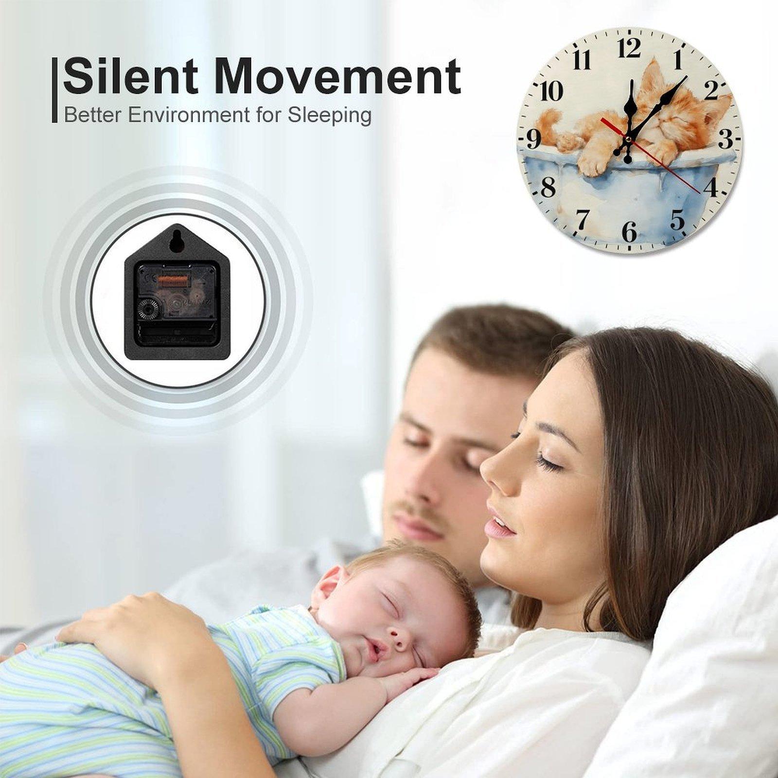 12 Inch Watercolor Sleeping Orange Cat Wall Clock, Silent Non-Ticking Quartz Wall Clock, Cute Kitten Animal Wall Watch for Home Living Room Bedroom Cat Lover Decor