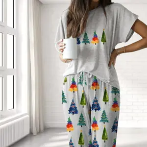 Colorful Christmas Tree Pajama Set – Premium Satin Sleepwear – Festive Holiday Loungewear, Viral Cozy Winter Nightwear Trend, Cute Outfits