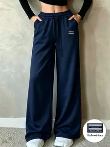 Women's Work Hard Embroidered Drawstring Sweatpants, Loose-Fit Wide Leg Casual Sports Pants, All Seasons Fashion