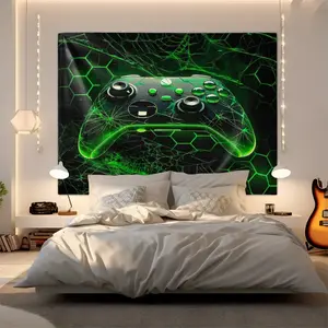 Green Honeycomb Gaming Controller Kids' Tapestry, Video Game Controller Gamer Tapestry, Boys' and Men's Room Decor, Geometric Honeycomb Hexagon Tapestry, Stylish Home Wall Decor