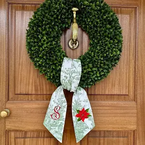 Poinsettia green toile holiday wreath sash for front door, custom monogram winter swag, stocking stuffers for Mom, Elegant gift for host