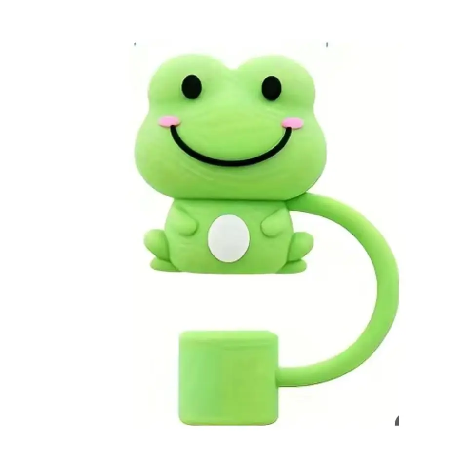 Cute 3D Frog Straw Cover Fits 10mm Diameter Straws Keeps Straws Clean & Hygienic Reusable Silicone Drinkware Topper Green