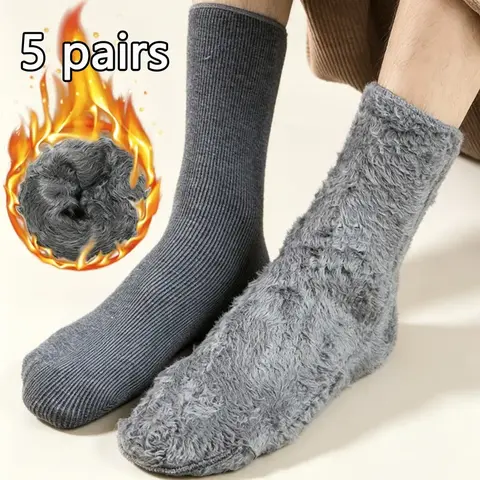 Women's Solid Fuzzy Mid-Calf Socks, 10pcs/5 Pairs Black Thick Fleece-Lined Cold-Proof Warm Floor Socks for Autumn-Winter Unisex Use, Fuzzy Socks