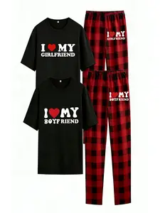 Trendy Couple Matching Pajamas | I Love My Girlfriend/Boyfriend Graphic Short Sleeve Top & Red Buffalo Plaid Pants | Soft Cozy Loungewear Set for Date Night, Valentine's Day, Sleepwear & Homewear | Clothes