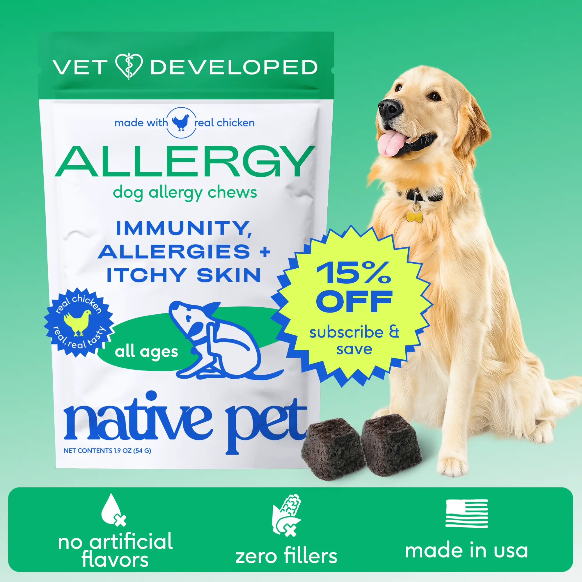 Native Pet Dog Allergy Chews - Vet-Developed Dog Allergy Relief with Probiotics and Colostrum for Itchy Skin Relief to Support Seasonal Allergy and Healthy Immune System - All Natural Anti-Histamine