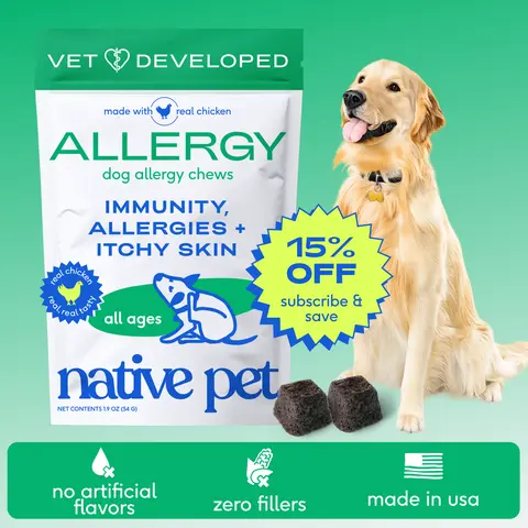 Native Pet Dog Allergy Chews - Vet-Developed Dog Allergy Relief with Probiotics and Colostrum for Itchy Skin Relief to Support Seasonal Allergy and Healthy Immune System - All Natural Anti-Histamine