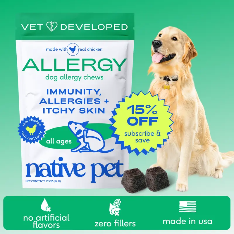 Native Pet Dog Allergy Chews - Vet-Developed Dog Allergy Relief with Probiotics and Colostrum for Itchy Skin Relief to Support Seasonal Allergy and Healthy Immune System - All Natural Anti-Histamine