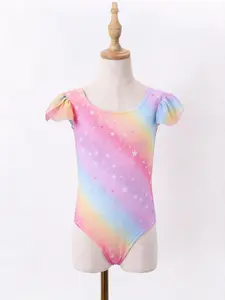Girls’ Rainbow Star Flutter Sleeve Ballet Practice Outfit, Children’s Dance One-Piece Costume, Little Girl Exam Training Suit