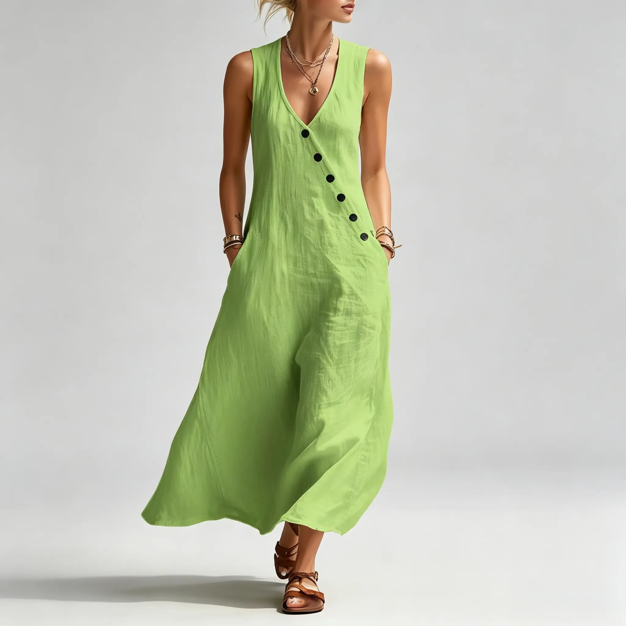 Women's Summer Casual Sleeveless Long Dress - Cool Clean Look, Finely Crafted Details, Versatile for Everyday Shopping, Outdoor Outings