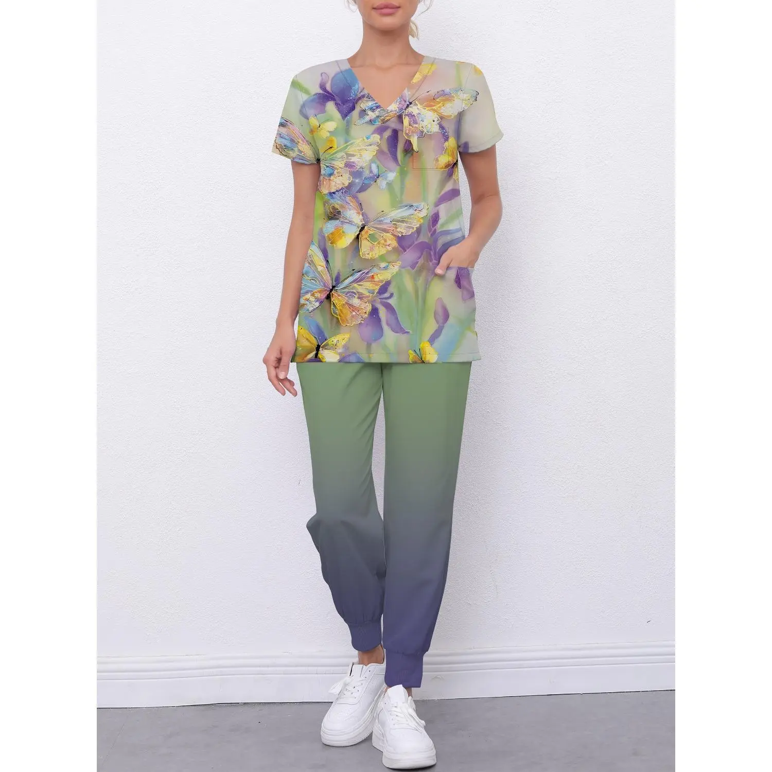 Women's Two-Piece Breathable Printed Uniform Set with V-Neck Pocket Top and Tapered Pants