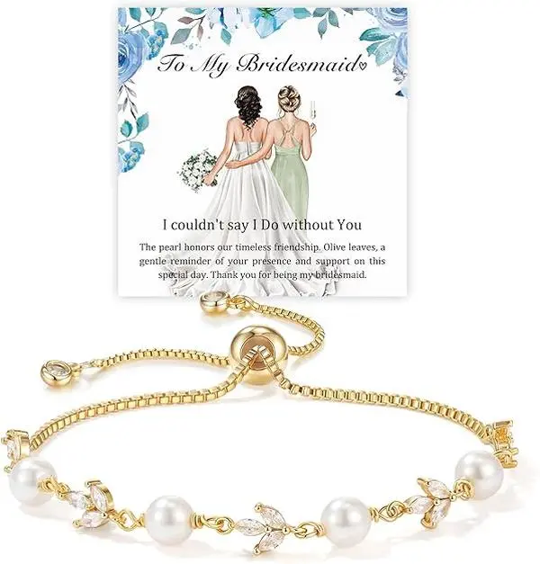 Female Handcrafted Artificial Gemstone Pearl Bracelet - Adjustable Gold Chain, Hypoallergenic Jewelry for Brides, Ideal Wedding Gift & Keepsake, Olive Leaf, Wedding Day, Classic Pearl