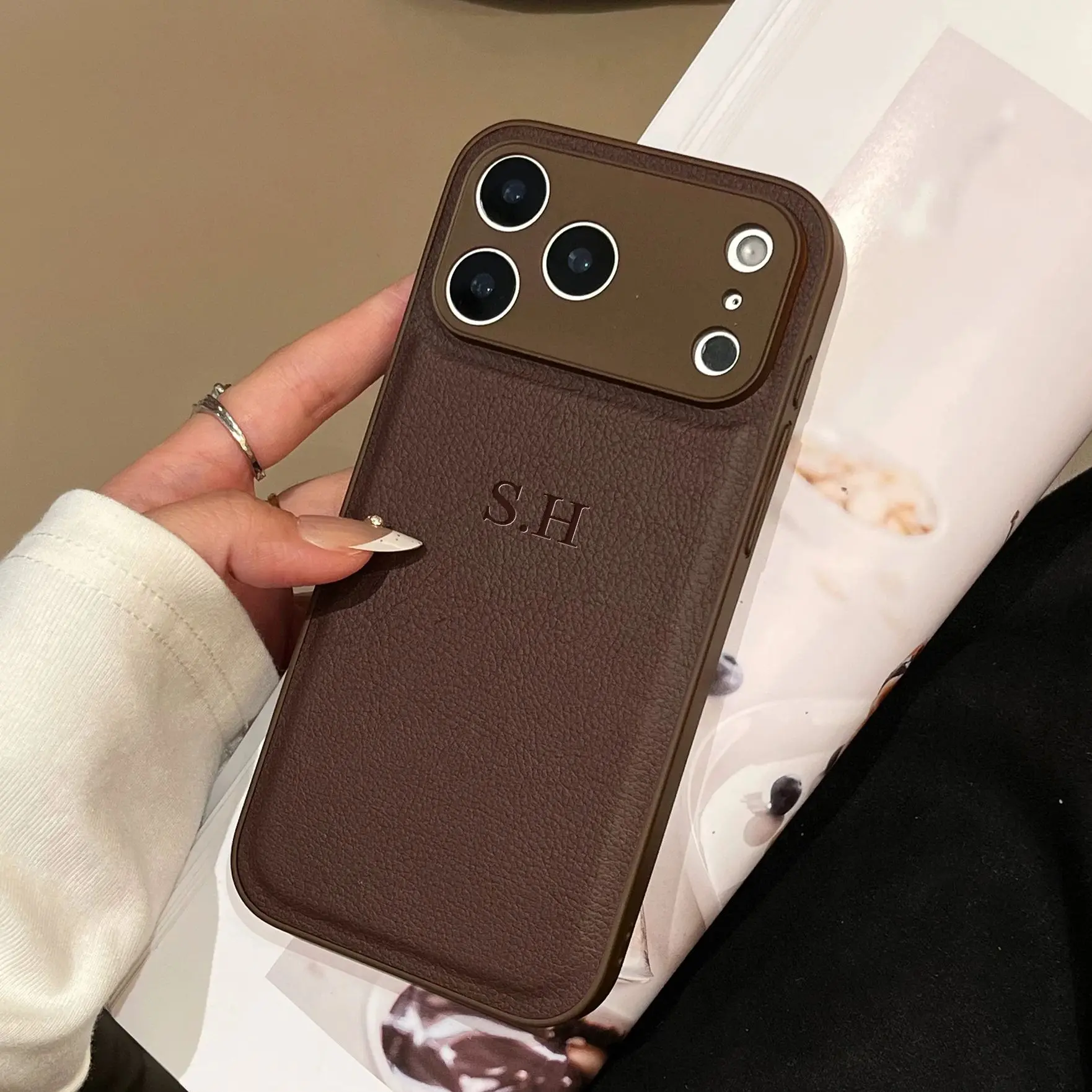 Personalized Luxury Customized Name 3D DIY Hot Engrave Faux Leather Phone Case