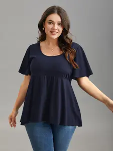 【Summer Turn-Up】【 U-neck】 BlOOMCHIC Plus Size Ruffled Sleeve Round Neck Babydoll Top Blouse Casual for Women Black Asymmetrical Short Sleeve Bodycon Medium Stretch Womenswear [M-6X] 2026 Summer Pick for Mother's Day