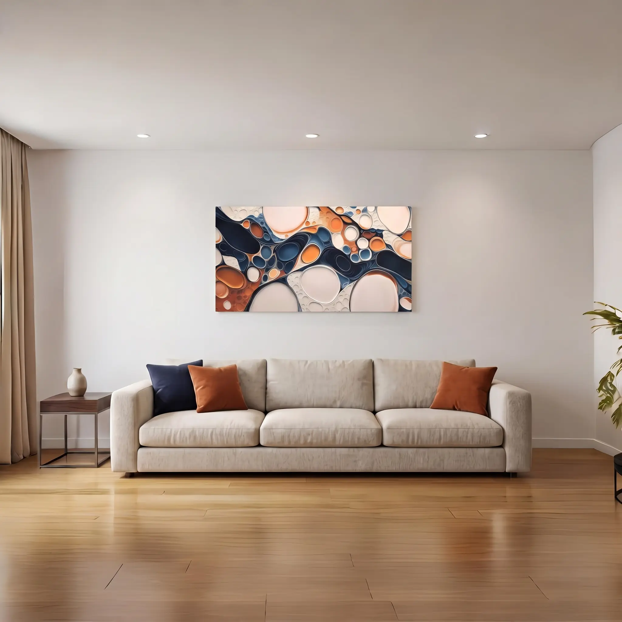Modern abstract bubble wall art with a vibrant white, blue and orange geometric design - framed canvas decor for your living room, bedroom or office - solid wood frame, easy to hang, bedroom wall art| abstract wall art| canvas wall art