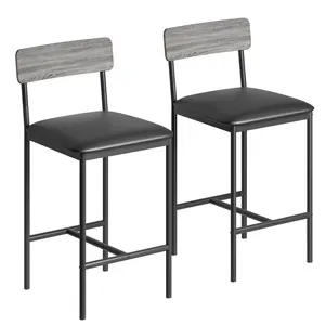 Set of 2 Counter Height Bar Stools – Upholstered with Backrest & Footrest – Rustic Black – Easy Assembly – Ideal for Kitchen Island & Counter Bar