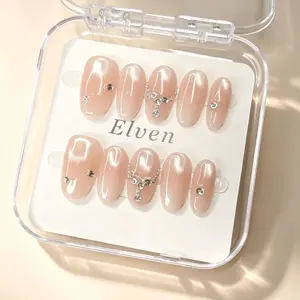 Handmade Nude Pink Press On Nails - Sheer Cat Eye Base with Dangling Rhinestone Chain, Short Oval Reusable Fake Nails, Salon Quality