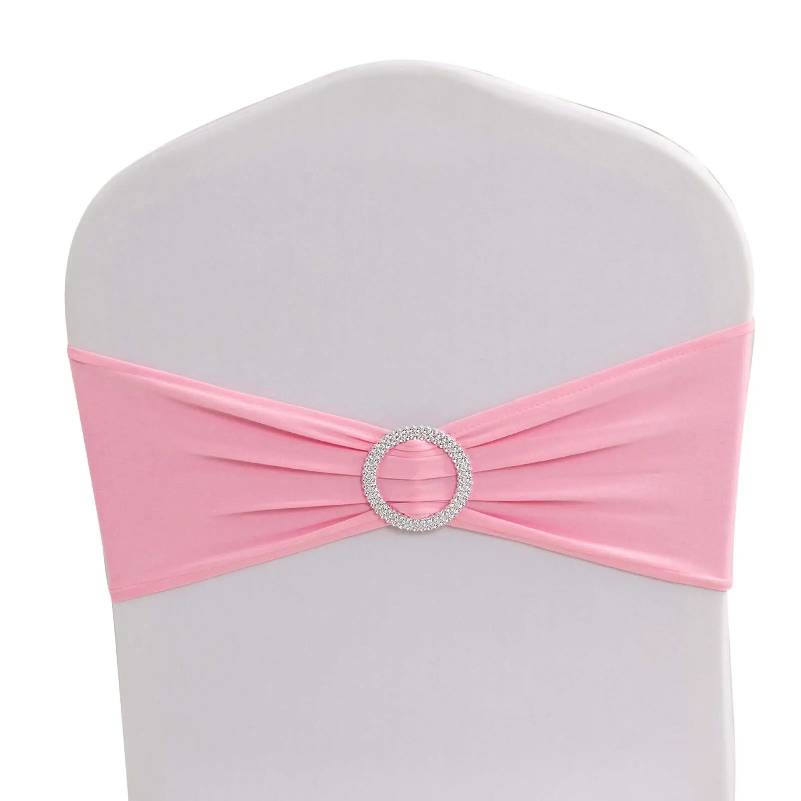 5-Pack Reusable Smooth Stretch Spandex Chair Sashes, Pink with Silver Diamond Ring Slide Buckle (5"x14") - Fast On/Off, Tie Tablecloths for Weddings, Party Events, Glam