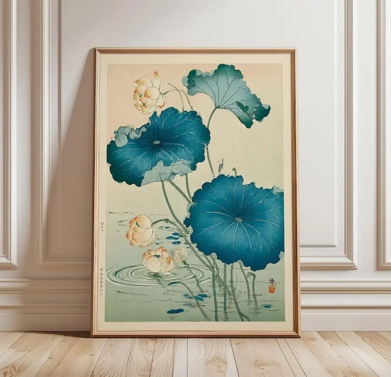 [Sale Up To 50%][No frame, Free Ship] Lotus Pond Poster, Japanese Botanical Wall Art, Blue Lily Print