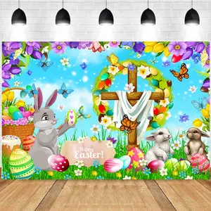 Photography Background Spring Easter Bunnies Easter Eggs Cross Butterflies Flowers Birthday Party Decor Backdrop Photo Studio