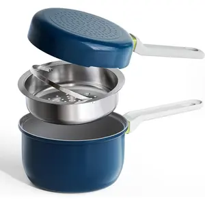 Ceramic Non Stick Sauce Pan, 2.5QT Saucepan with Frying Pan as Lid, Steamer Pot for Cooking, Induction Cookware Set, PTFE, PFOA &  Free, Drak Blue